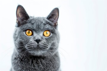 A grey cat with yellow eyes is sitting on a white background. The cat's eyes are wide open, giving it a curious and alert appearance, copy space - generative ai