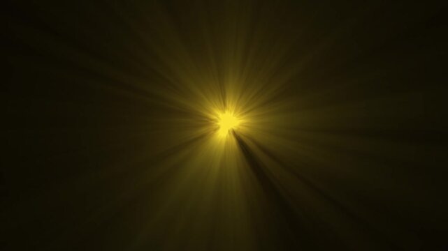 Loop of rays glow orange gold optical flare shine light from the top left animation,
 yellow light beams on black background. sun light lens flares art animation background.