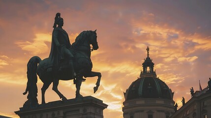Obraz premium Statue of Archduke Charles on Heldenplatz square and Museum of Natural History dome at sunset Vienna Austria : Generative AI
