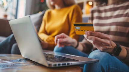 Boyfriend husband and girlfriend wife buy online on laptop with credit card at home : Generative AI