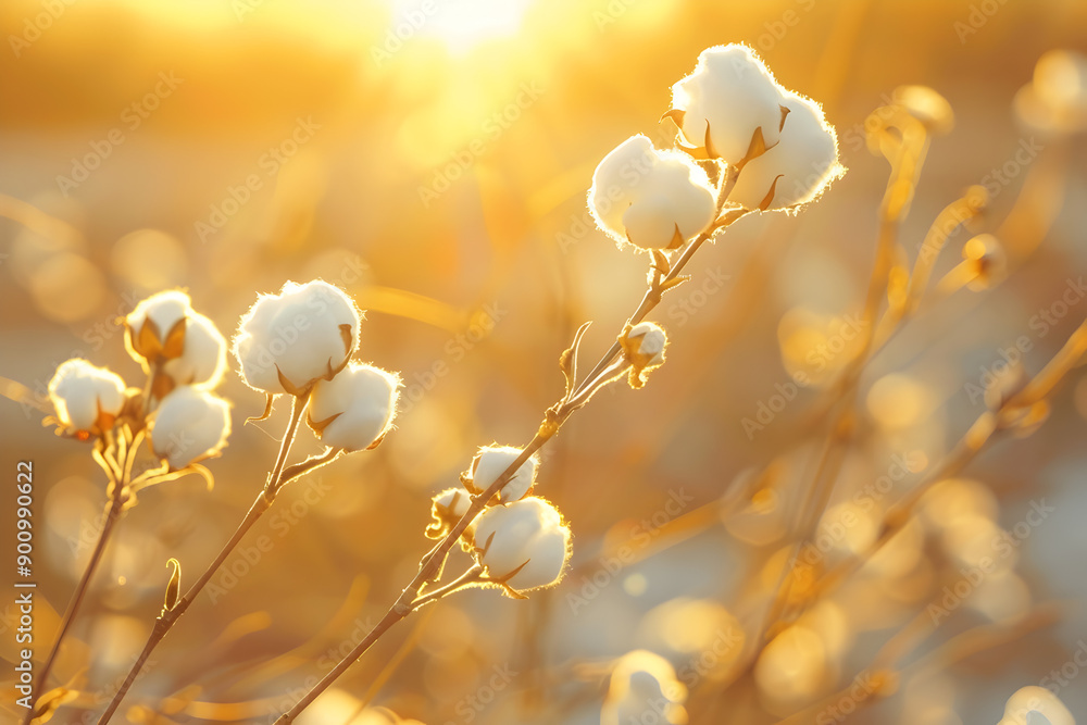 Poster scenic view of a cotton field with sunlight