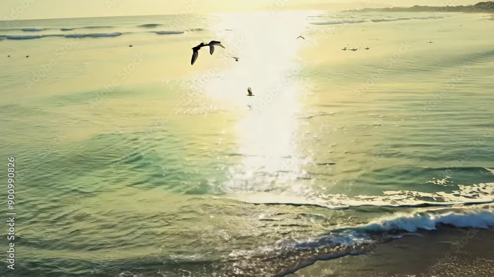 Poster sunlit beach view with waves and seagulls in slow motion generative ai