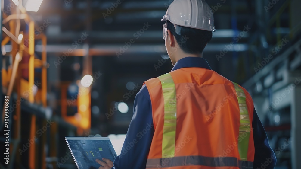 Poster Industrial Engineer Working at a Technology Factory Middle Aged Male Using Laptop Computer at Work Browsing Electronics Information Online Mans Back in Safety Vest Turned to Camera : Generative AI