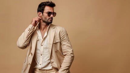 Fototapeta premium Fashionable man in beige jacket on shoulder shirt pants and sunglasses on beige background banner : Generative AI