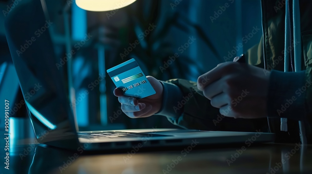 Poster a man is holding a credit card in front of a laptop concept of financial responsibility and the impo