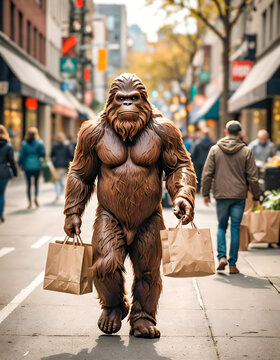 Bigfoot goes shopping in the city.  Humor illustration