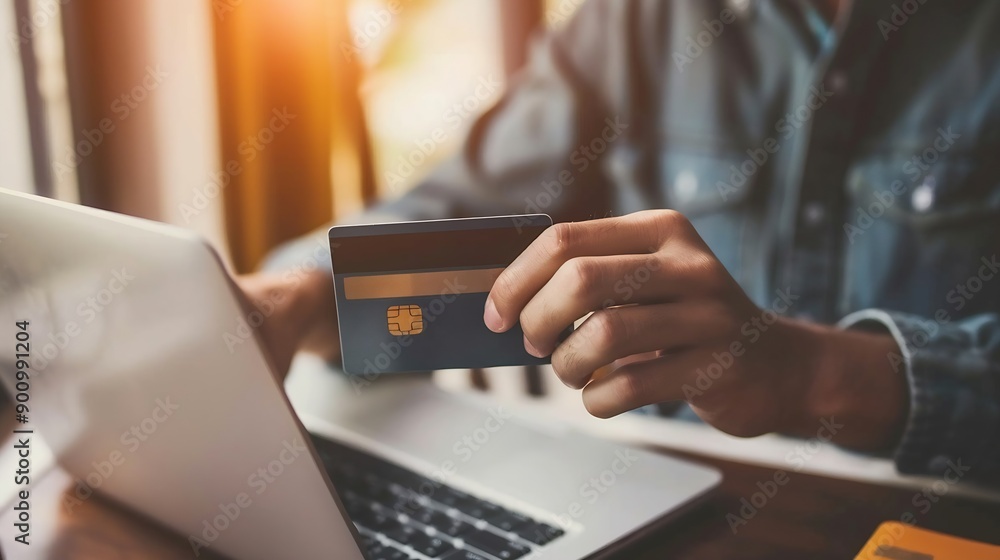 Poster a man is holding a credit card in front of a laptop concept of financial responsibility and the impo