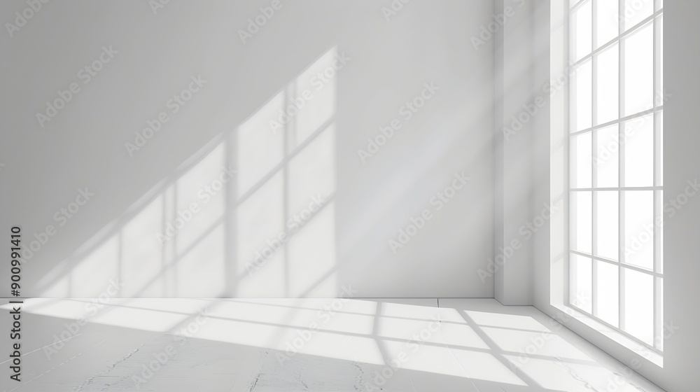 Poster Minimal abstract light gray background for product presentation Soft shadow and light from windows on white wall : Generative AI