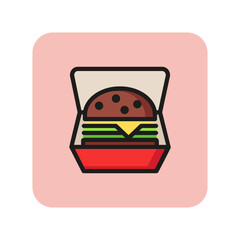 Hamburger in box line icon. Fast food, takeout food, snack. Takeaway food concept. Vector illustration can be used for topics like food, unhealthy eating, menu