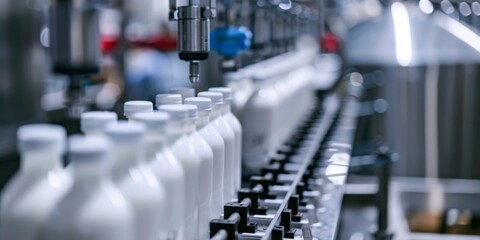 Fototapeta premium Bottles of milk on a factory conveyor belt, generative ai