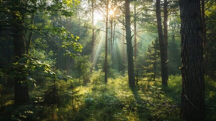 Obraz premium Observing the sunlight filtering through the trees in a forest surrounded by a natural landscape of terrestrial plants trunks twigs grass and various shades of wood : Generative AI