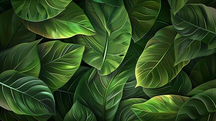 A close-up view of lush, vibrant green tropical leaves, showcasing detailed veins and rich shades of green, overlapping in a dense, natural pattern.