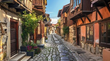 Traditional street in the old town of Sozopol Bulgaria : Generative AI