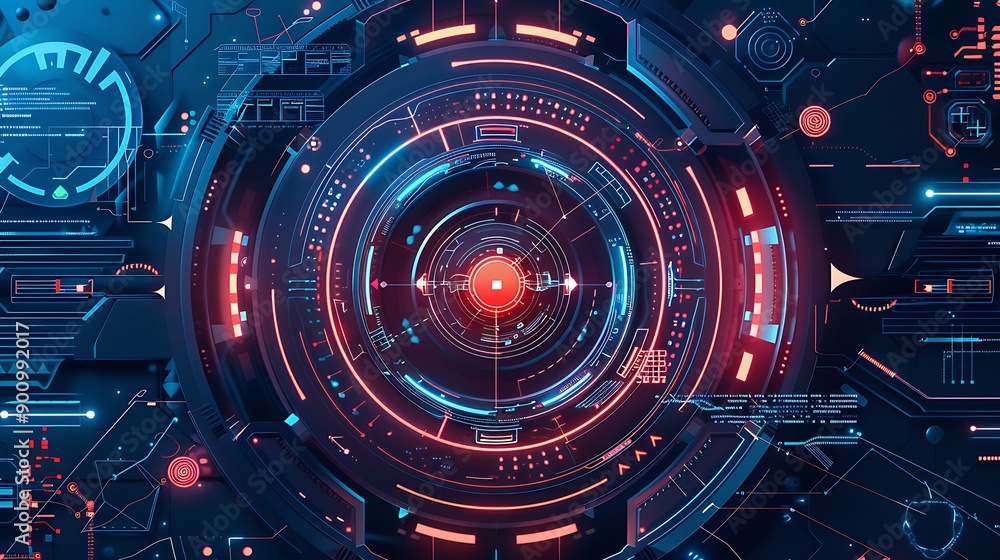 Aufkleber abstract futuristic interface with glowing red and blue lights, creating a captivating design.