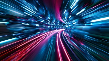 A blurry image of a tunnel with a bright blue and red light