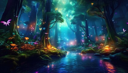 Naklejka premium Imaginative images, Magical Forest neon lights forest background, fantasy landscape