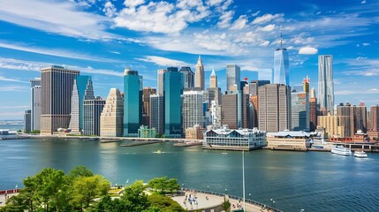 Fototapeta premium Lower Manhattan Skyline view from Outlook Hill on Governors Island New York City : Generative AI