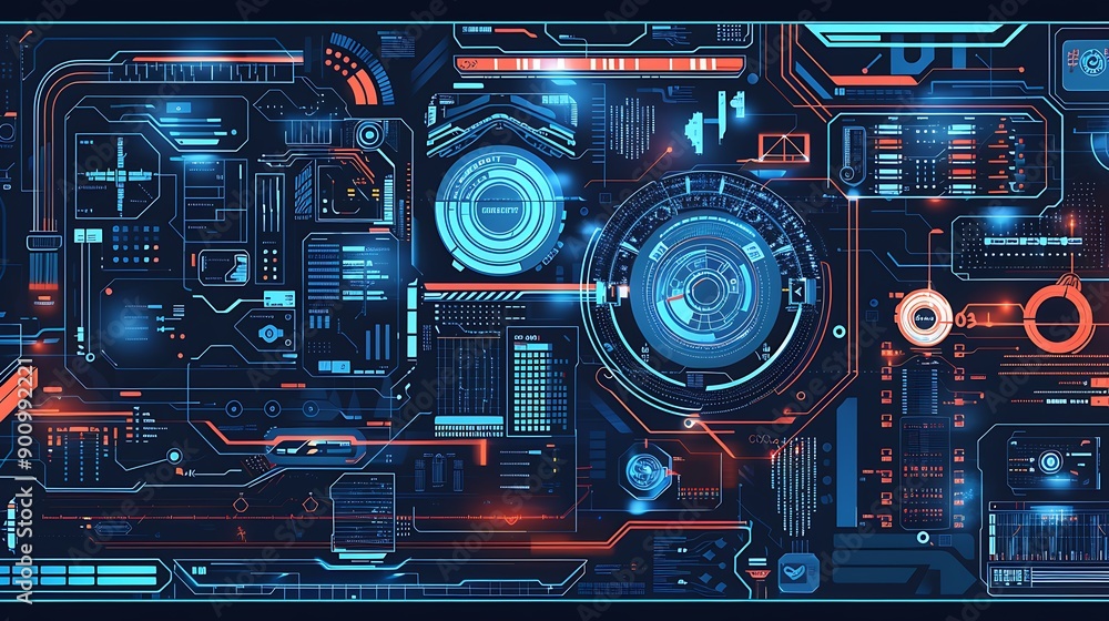 Poster futuristic digital interface design with a complex network of data and information presented in a vi