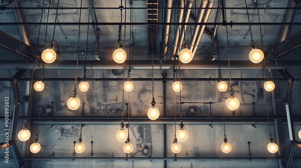 Poster Ceiling with pipes and lights in creates industrial a pattern : Generative AI