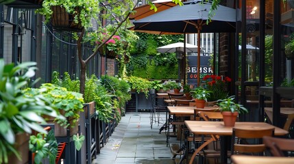 Naklejka premium outdoor dining patio with plants and umbrellas to protect from the sun empty no people restaurant outside seating tables chairs shade luxury travel manhattan downtown : Generative AI