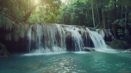 Beauty in nature amazing waterfall in tropical forest of national park Thailand : Generative AI