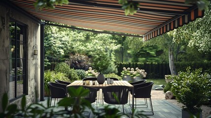 Fototapeta premium A stylish outdoor dining space featuring a large table comfortable chairs and a retractable striped awning providing a perfect setting for alfresco meals in a lush garden : Generative AI