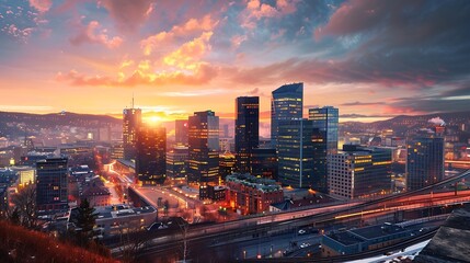 Fototapeta premium Oslo Norway sunrise city skyline at business district and Barcode Project : Generative AI