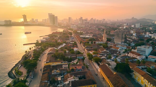 Drone images of Cartagena Colombia from above Bocagrande Centro Historico : Generative AI