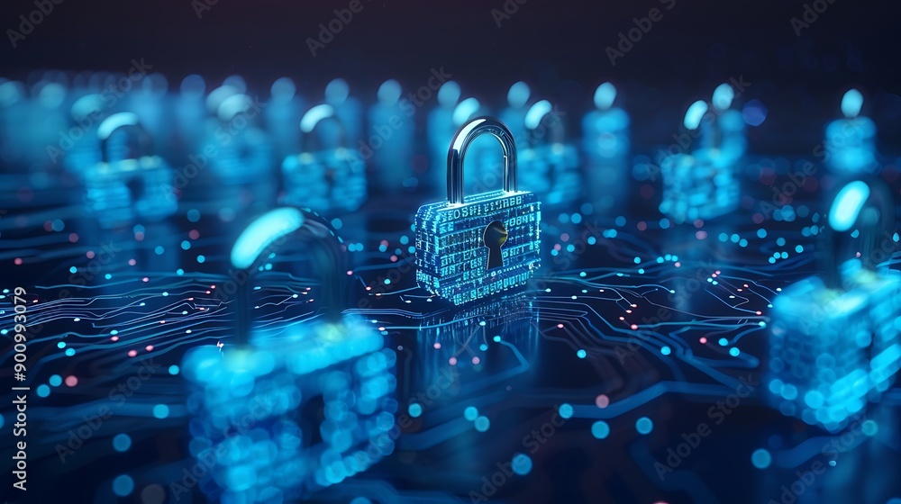 Poster close up depicting a network of digital locks, representing the concept of cybersecurity and data pr