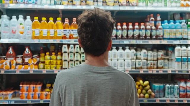 Customer Choosing Beverages in Supermarket Aisle