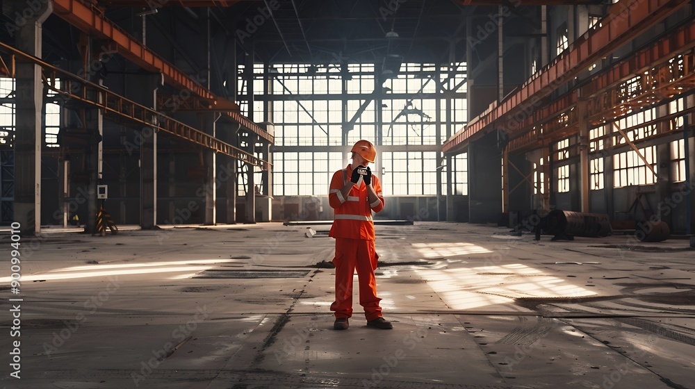 Leinwandbilder Man builder Architect of industrial buildings Construction engineer stands in empty hangar Architect uses internet on his phone Builder of industrial buildings Man engineer in work uni : Generative AI