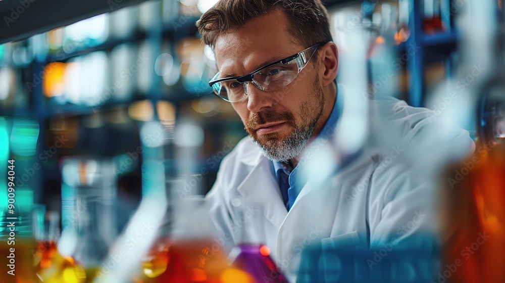 Poster science researcher using a microscope, with various lab instruments in the background