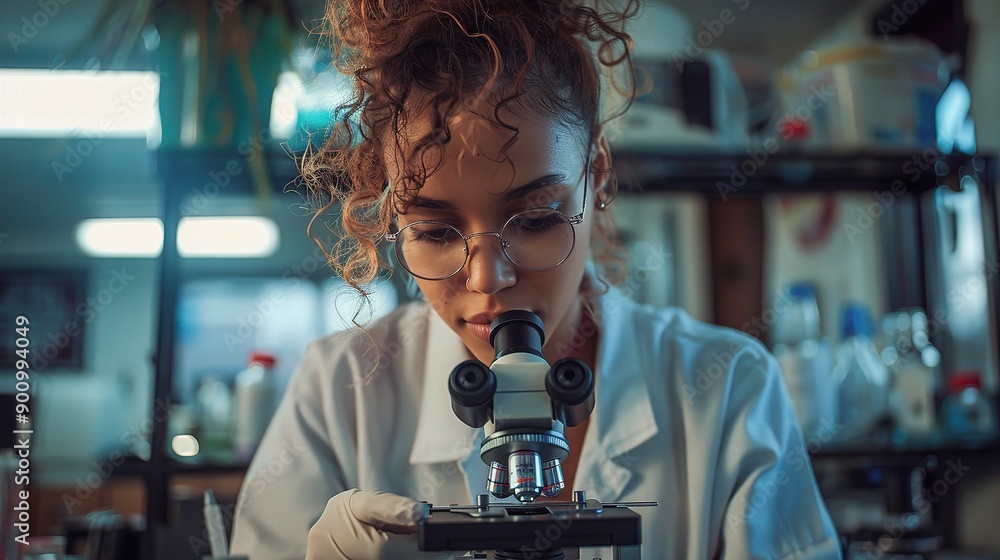 Poster science researcher using a microscope, with various lab instruments in the background