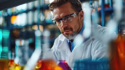 Science researcher using a microscope, with various lab instruments in the background