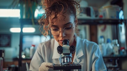 Science researcher using a microscope, with various lab instruments in the background
