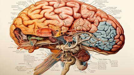 A photo of a human brain with labeled regions for educational purposes