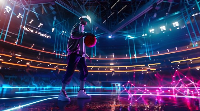 Caucasian sport person playing basketball at neon sport stadium while wearing casual cloth and virtual reality glasses Athlete holding basketball hologram while standing at sport arena : Generative AI