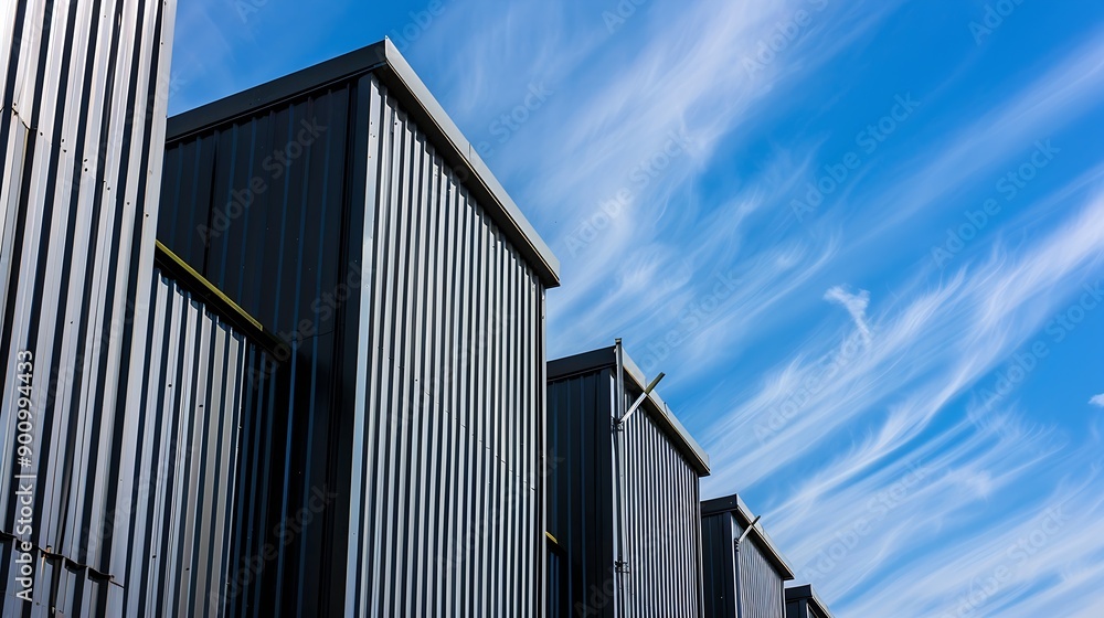 Poster group of industrial factory buildings with geometric pattern of aluminium corrugated steel wall agai
