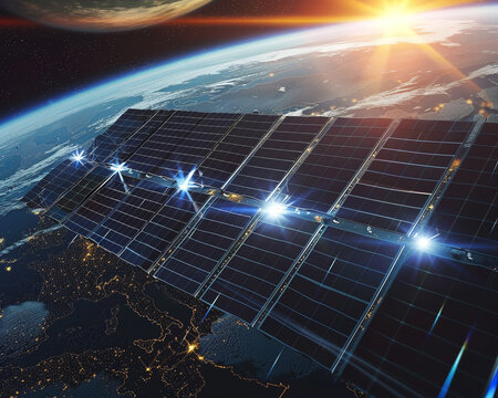 solar system in space, A orbital solar arrays collecting sunlight in space and transmitting clean energy to Earth via power transmission