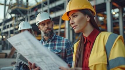 Structural engineering team discussing a large-scale construction project, blueprints and models