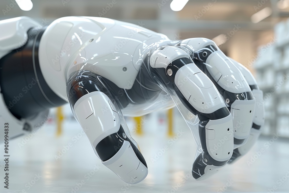 Poster robotic hand in a futuristic industrial setting demonstrating advanced technology and engineering