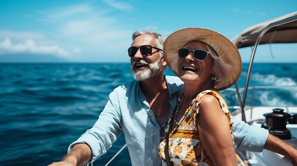 Happy couple ocean adventure and together in yacht on holiday relax on cruise date for retirement travel Mature woman and man on water boat for vacation with happiness outdoor summer i : Generative AI
