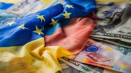 big waving realistic national colorful flag of russia and national flag of ukraine on a euro money banknotes background finance concept : Generative AI