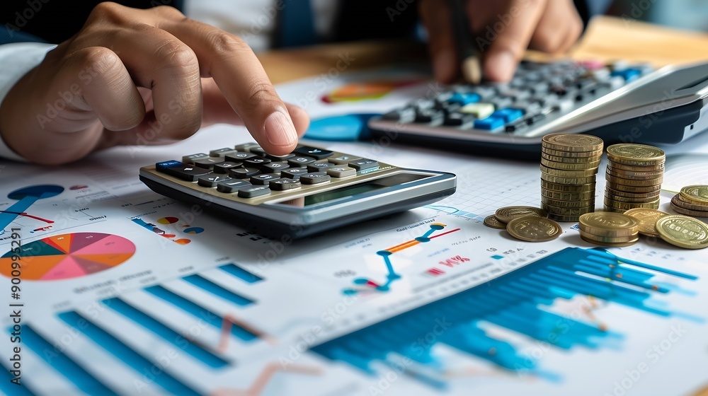Poster business finance and investment currency exchange concept accountant using calculator with coins and