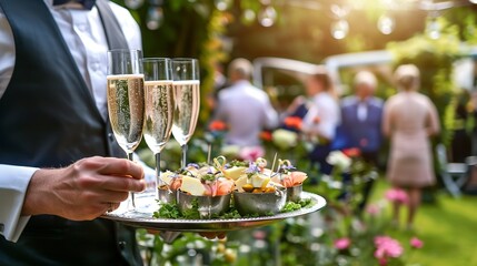 Waiter holding a tray with champagne glasses and appetizers at an outdoor garden event : Generative AI