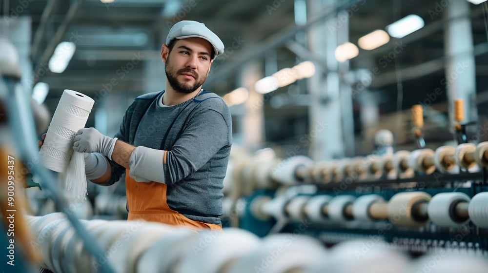 Aufkleber portrait of experienced worker in textile factory holding thread spool and standing by industrial kn