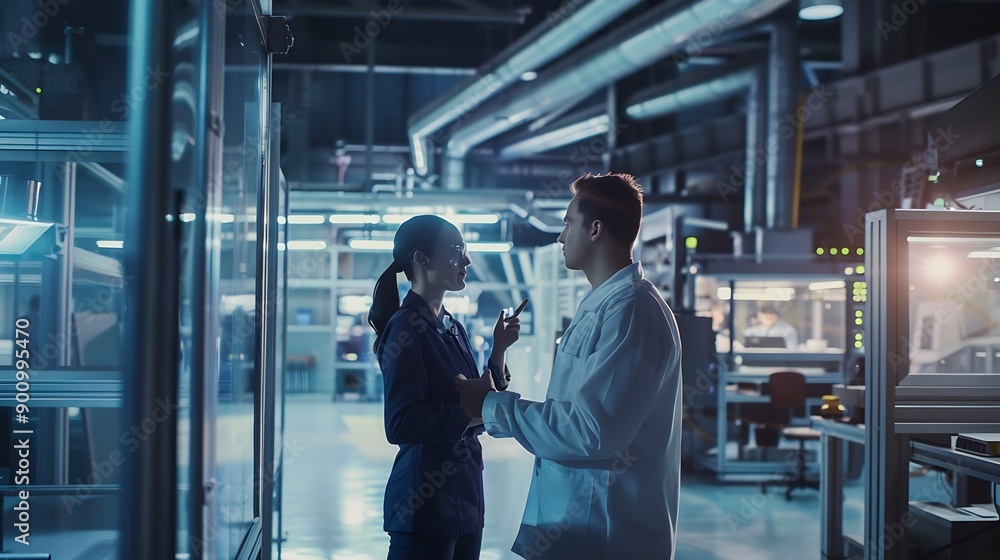 Poster handsome manager train female technician to work in automated production factory industrial engineer