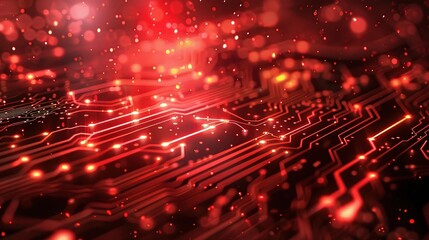 Fototapeta premium Technology background in red with abstract digital circuits and glowing elements