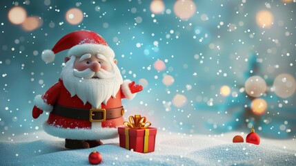 3d santa claus character background with gift box in snow and tree