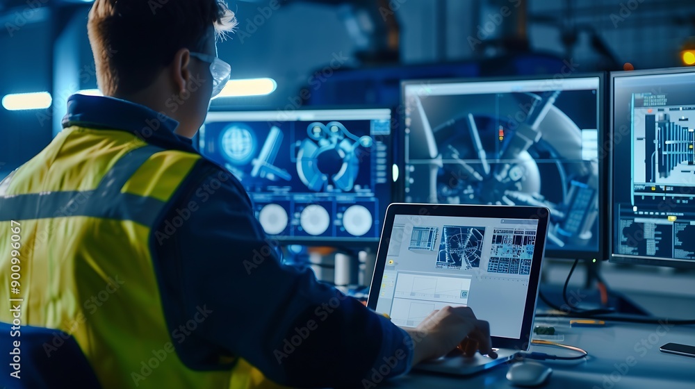 Fototapete Industrial Engineer Working at a Technology Factory Middle Aged Male Using Laptop Computer at Work Browsing Electronics Information Online Mans Back in Safety Vest Turned to Camera : Generative AI